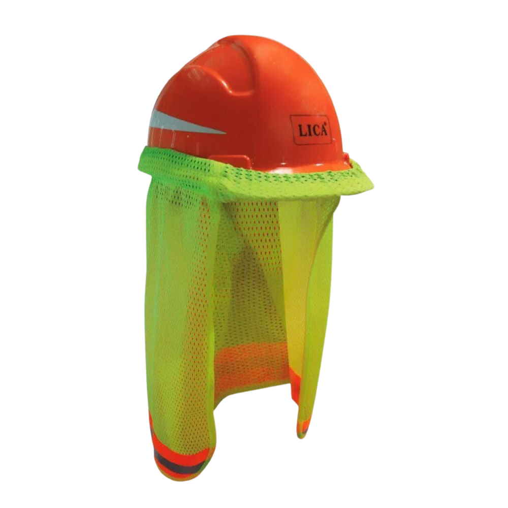 Nuquera Nuquera de malla marca LICA color naranja, la cual se fija al casco de protección para ayudar a soportar el daño provocado por los rayos UV del sol.